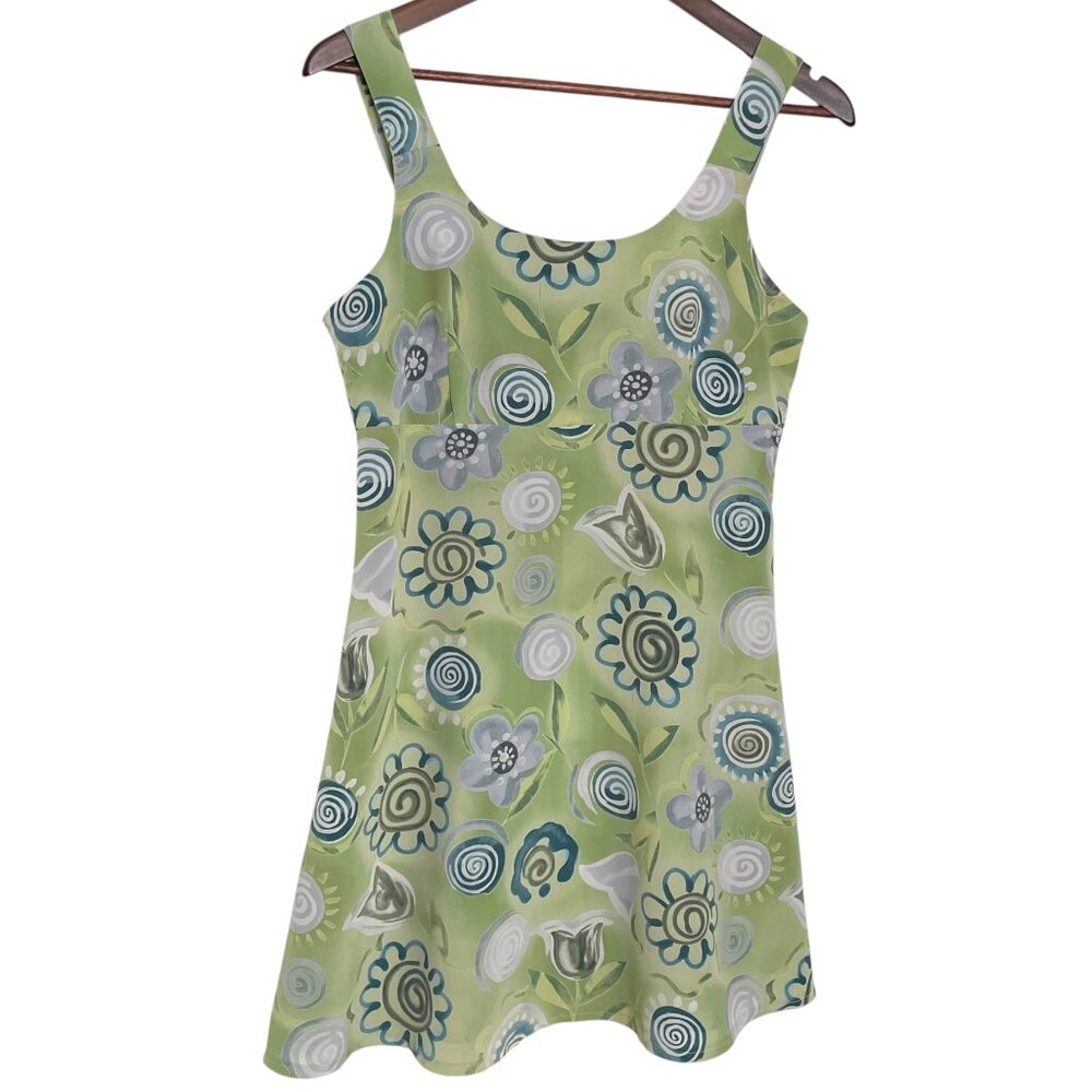 Vintage 90s 00s Pariscope Mini Sun Dress Small S Lime Green Floral Sleeveless